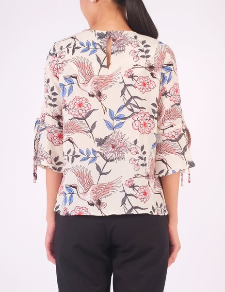 Bettina Flare Sleeves Top (Crane Print)