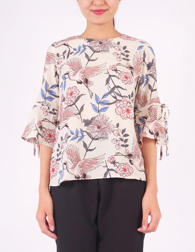 Bettina Flare Sleeves Top (Crane Print)
