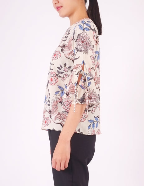 Bettina Flare Sleeves Top (Crane Print)