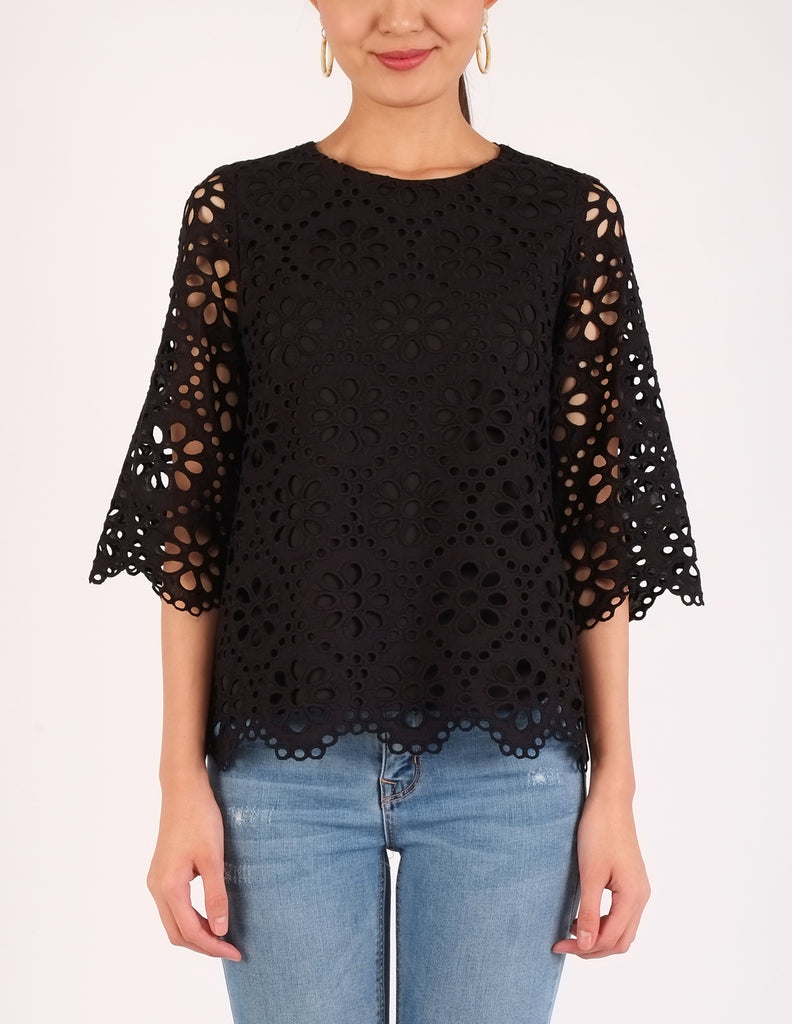 Charm Eyelet Scallop Hem Top (Black)