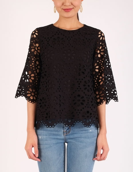 Charm Eyelet Scallop Hem Top (Black)