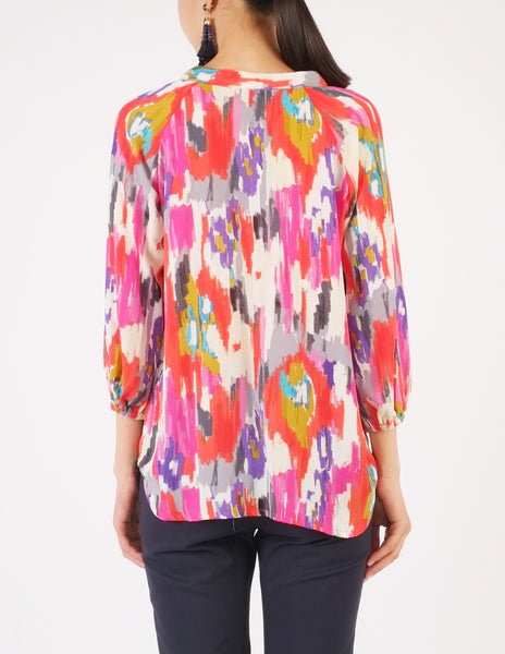 Chiara Split Neckline Top (Multi Ikat Print)