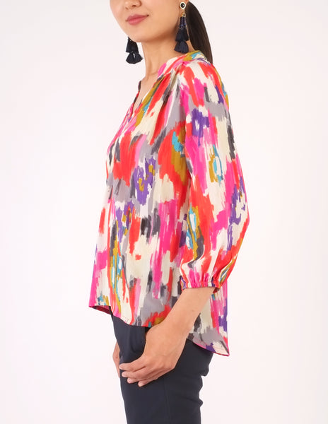 Chiara Split Neckline Top (Multi Ikat Print)