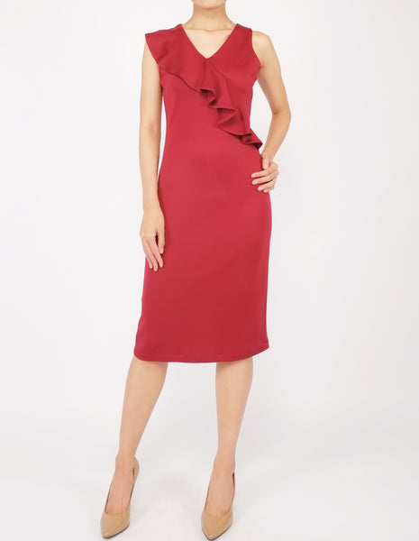 Erin Asymmetric Flounce Dress (Maroon)