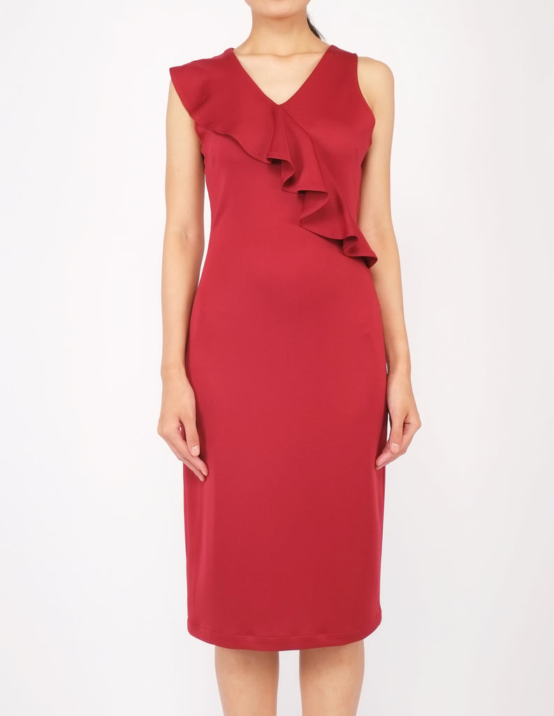 Erin Asymmetric Flounce Dress (Maroon)