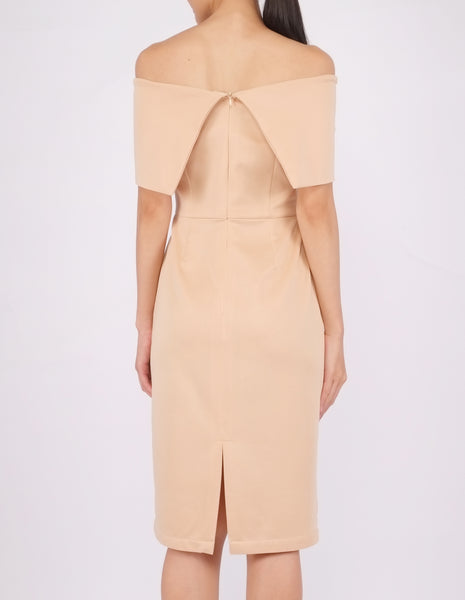 Evita Off-Shoulder Midi Dress (Beige)