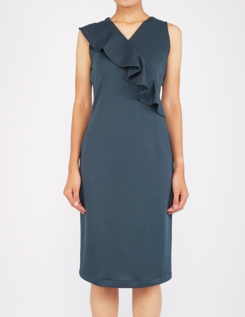 Erin Asymmetric Flounce Dress (Bottle Green)