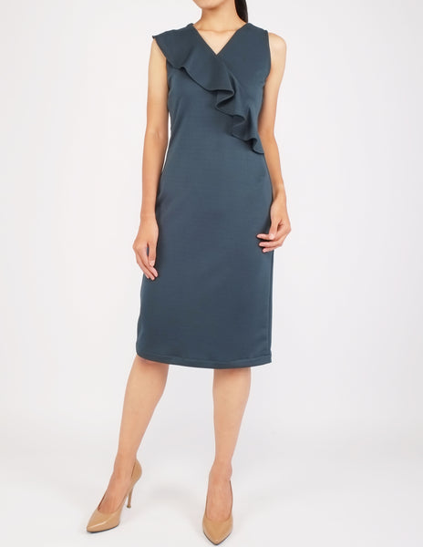 Erin Asymmetric Flounce Dress (Bottle Green)