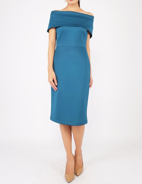 Evita Off-Shoulder Midi Dress (Teal)