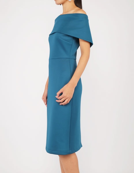 Evita Off-Shoulder Midi Dress (Teal)