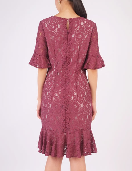 Elaine Lace Flounce Dress (Plum)