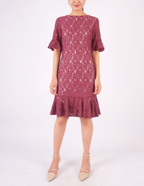 Elaine Lace Flounce Dress (Plum)
