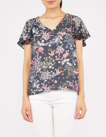 Amberly Wide Sleeves Top (Green Floral)
