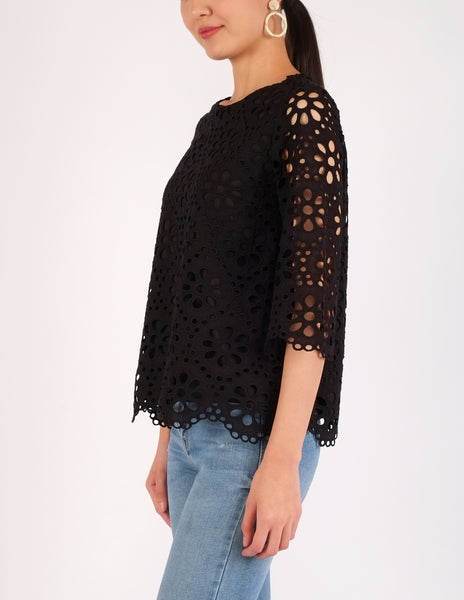 Charm Eyelet Scallop Hem Top (Black)