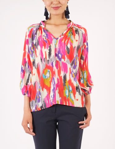 Chiara Split Neckline Top (Multi Ikat Print)