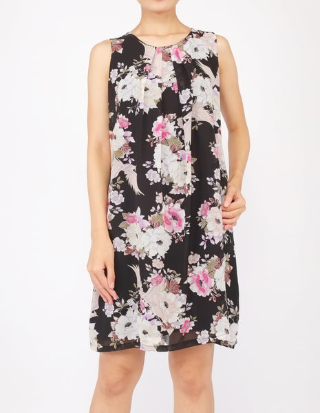 Desi Chiffon Shift Dress (Black Floral)