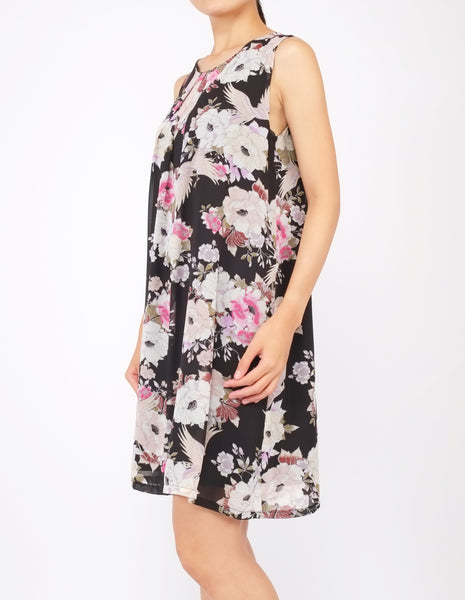 Desi Chiffon Shift Dress (Black Floral)