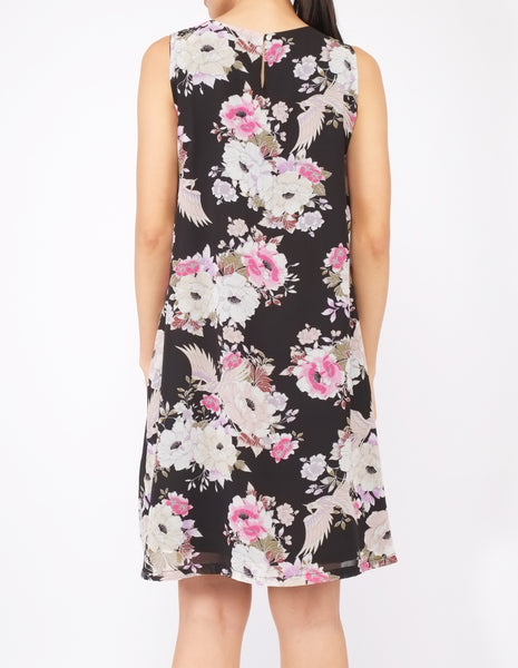 Desi Chiffon Shift Dress (Black Floral)