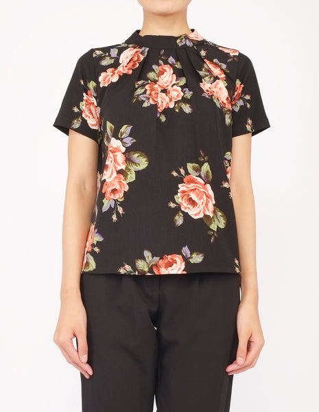 Fina Pleat Front Top (Black Floral)