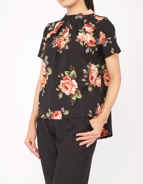Fina Pleat Front Top (Black Floral)