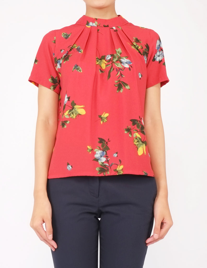 Fina Pleat Front Top (Red Floral)