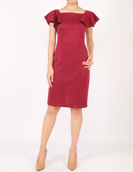 Eris Flounce Sleeves Midi Dress (Maroon)