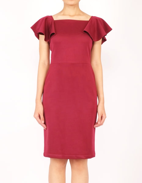 Eris Flounce Sleeves Midi Dress (Maroon)