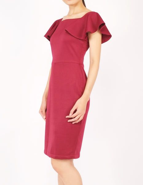 Eris Flounce Sleeves Midi Dress (Maroon)