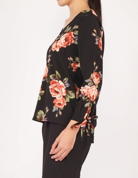 Alexy Tie-Sleeves Top (Black Floral)