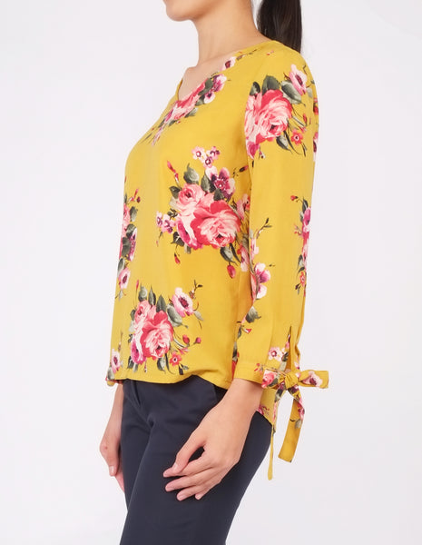 Alexy Tie-Sleeves Top (Yellow Floral)