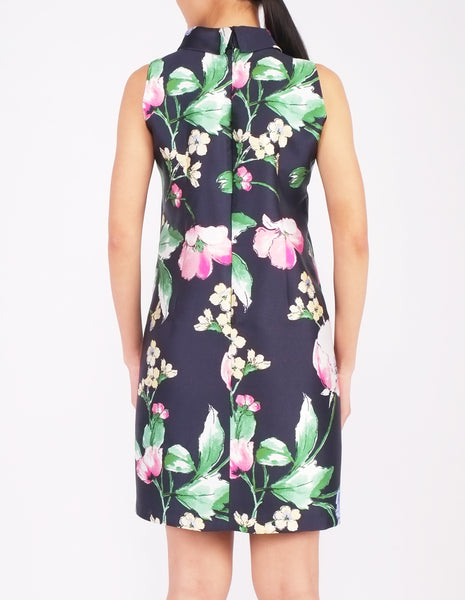 Daisy Mock Neck Collar Sheath Dress (Blue Floral)