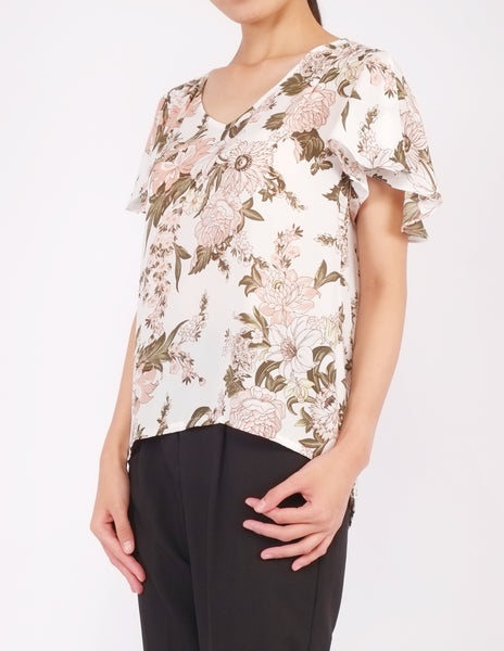 Amberly Wide Sleeves Top (White Floral)