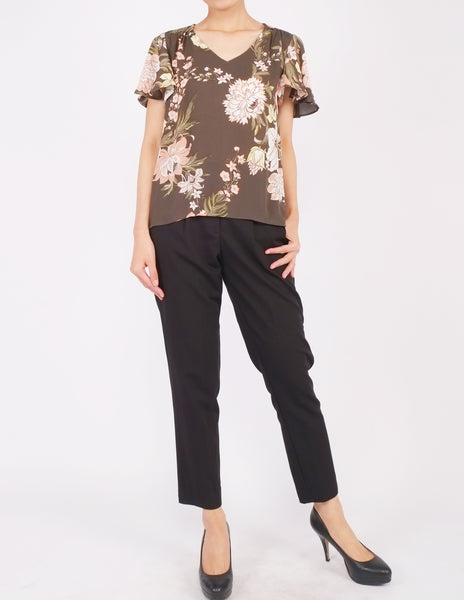 Amberly Wide Sleeves Top (Olive Floral)