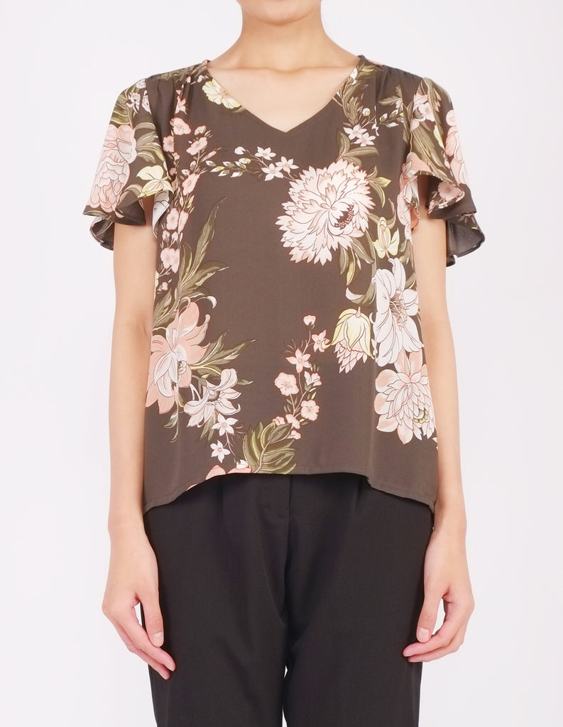 Amberly Wide Sleeves Top (Olive Floral)