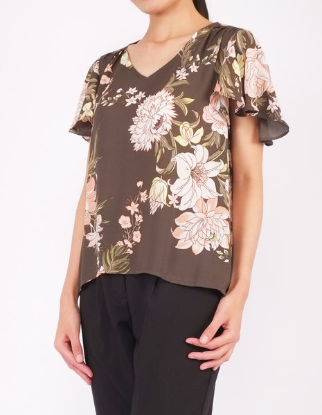 Amberly Wide Sleeves Top (Olive Floral)