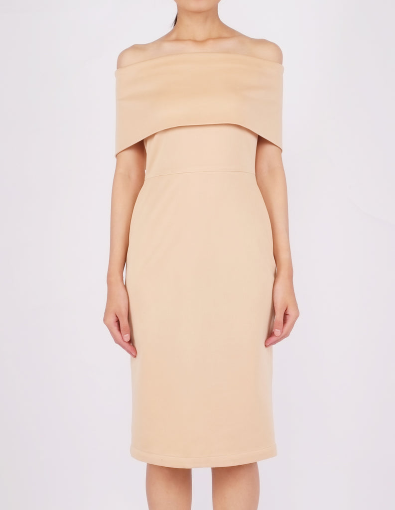 Evita Off-Shoulder Midi Dress (Beige)