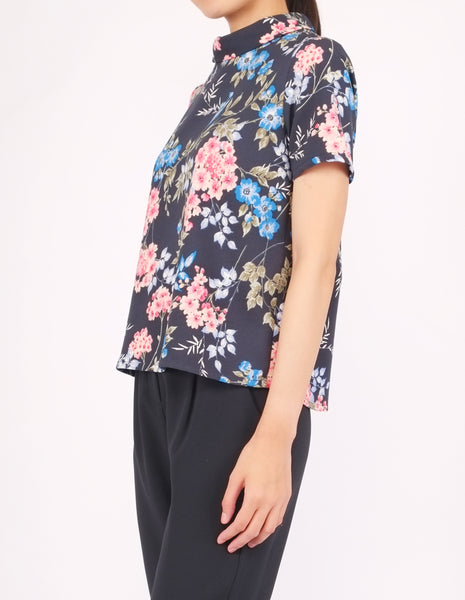 Becky Mock Neck Top (Blue Floral)