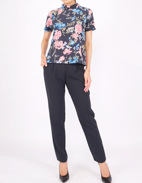 Becky Mock Neck Top (Blue Floral)