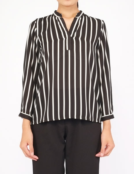 Brenna Split Neckline Top (Black Striped)