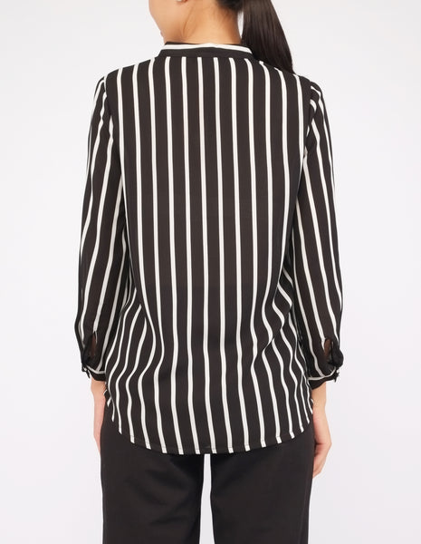 Brenna Split Neckline Top (Black Striped)