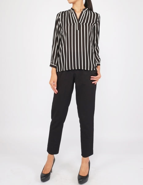 Brenna Split Neckline Top (Black Striped)