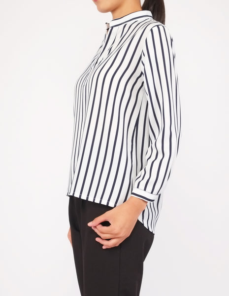 Brenna Split Neckline Top (White Striped)