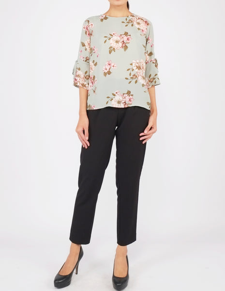 Bettina Flare Sleeves Top (Light Green Floral)