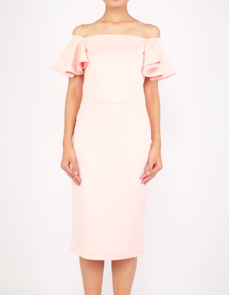 Eris Flounce Sleeves Midi Dress (Peach)