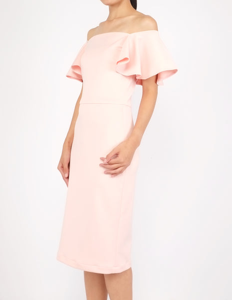 Eris Flounce Sleeves Midi Dress (Peach)