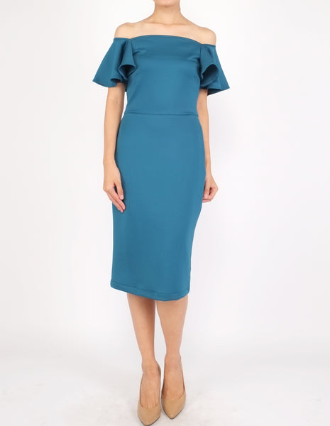 Eris Flounce Sleeves Midi Dress (Teal)