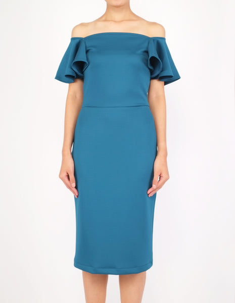 Eris Flounce Sleeves Midi Dress (Teal)