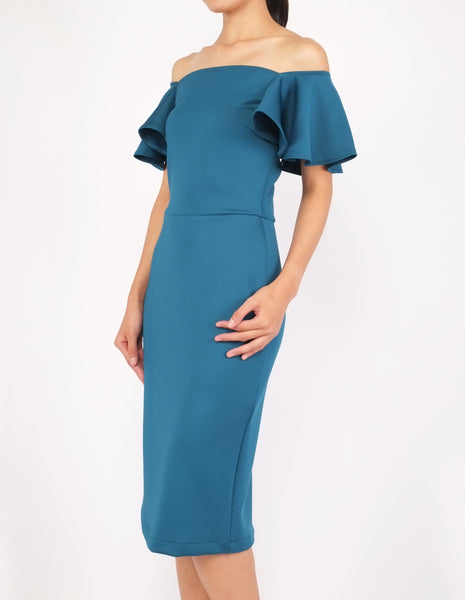 Eris Flounce Sleeves Midi Dress (Teal)