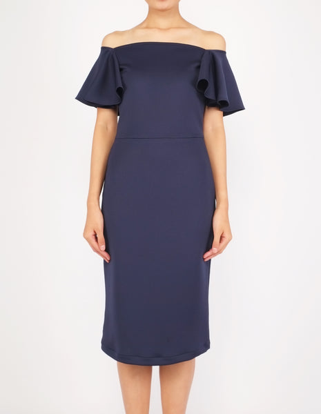 Eris Flounce Sleeves Midi Dress (Navy)