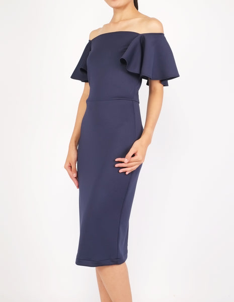 Eris Flounce Sleeves Midi Dress (Navy)